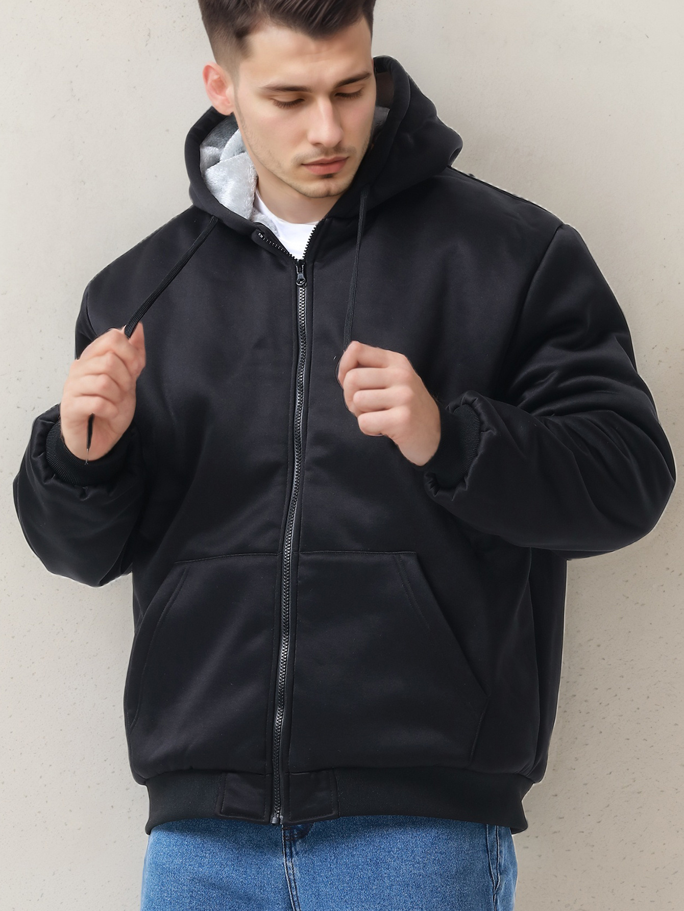 winter mens fleece hoodies full zip up coat hooed sweatshirt warm coats kangaroo pockets details 5