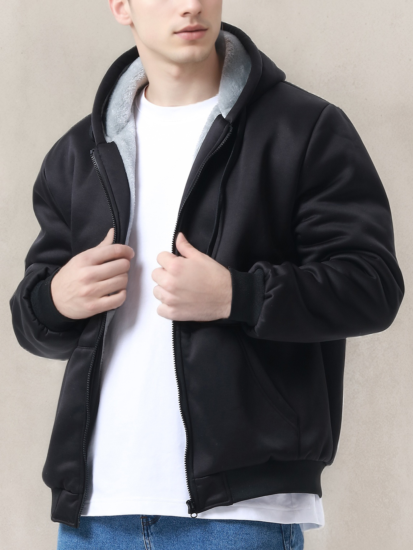 winter mens fleece hoodies full zip up coat hooed sweatshirt warm coats kangaroo pockets details 7