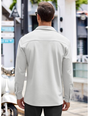 Men'S Plus Size Casual Button-Down Shirts, Long Sleeve, Wrinkle-Free, Polyester, Non-Stretch, Solid Color, Regular Fit, with Woven Fabric for Spring/Fall